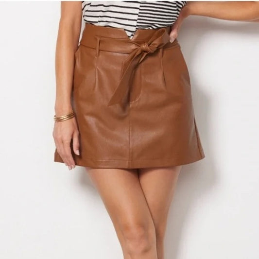Paige Blanka Belted Faux Leather Mini Skirt Dark Argan Brown Small