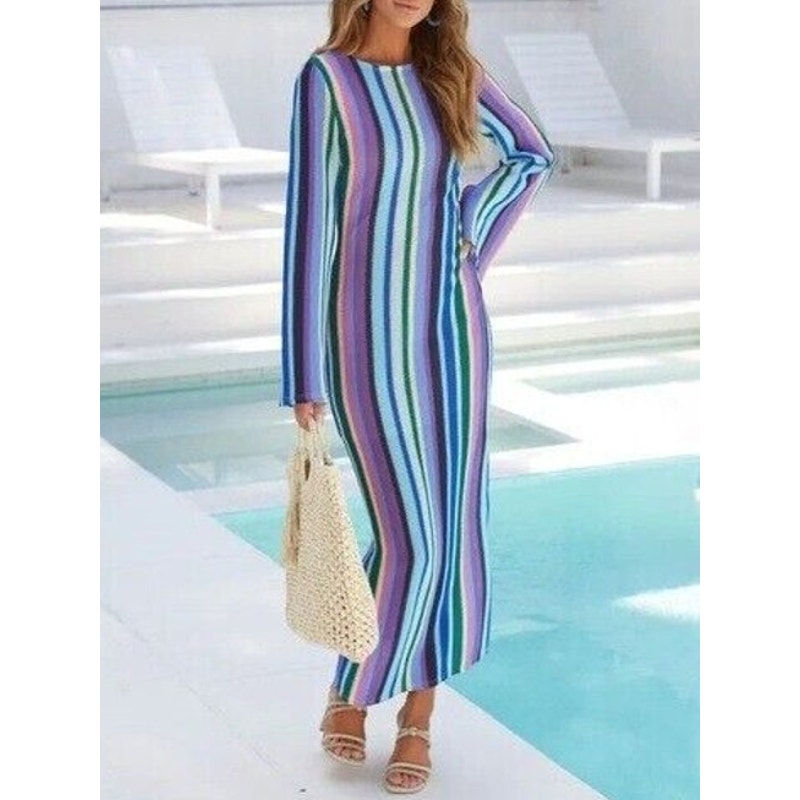 VICI Long Sleeve Striped Rainbow Crochet Cover Up Dress Blue XS