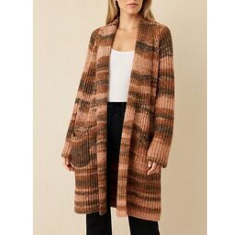 Skull Cashmere Open Striped Chunky Duster Cardigan Sweater Brown Pink Medium