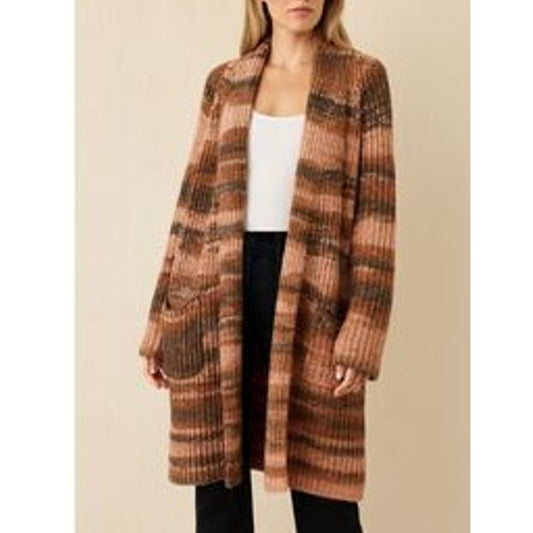 Skull Cashmere Open Striped Chunky Duster Cardigan Sweater Brown Pink Medium