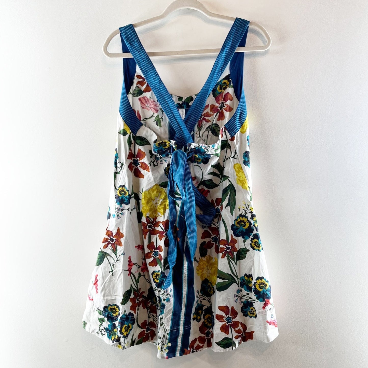 Anthropologie Sleeveless Cross-Back Cotton A-Line Mini Dress White Blue XL