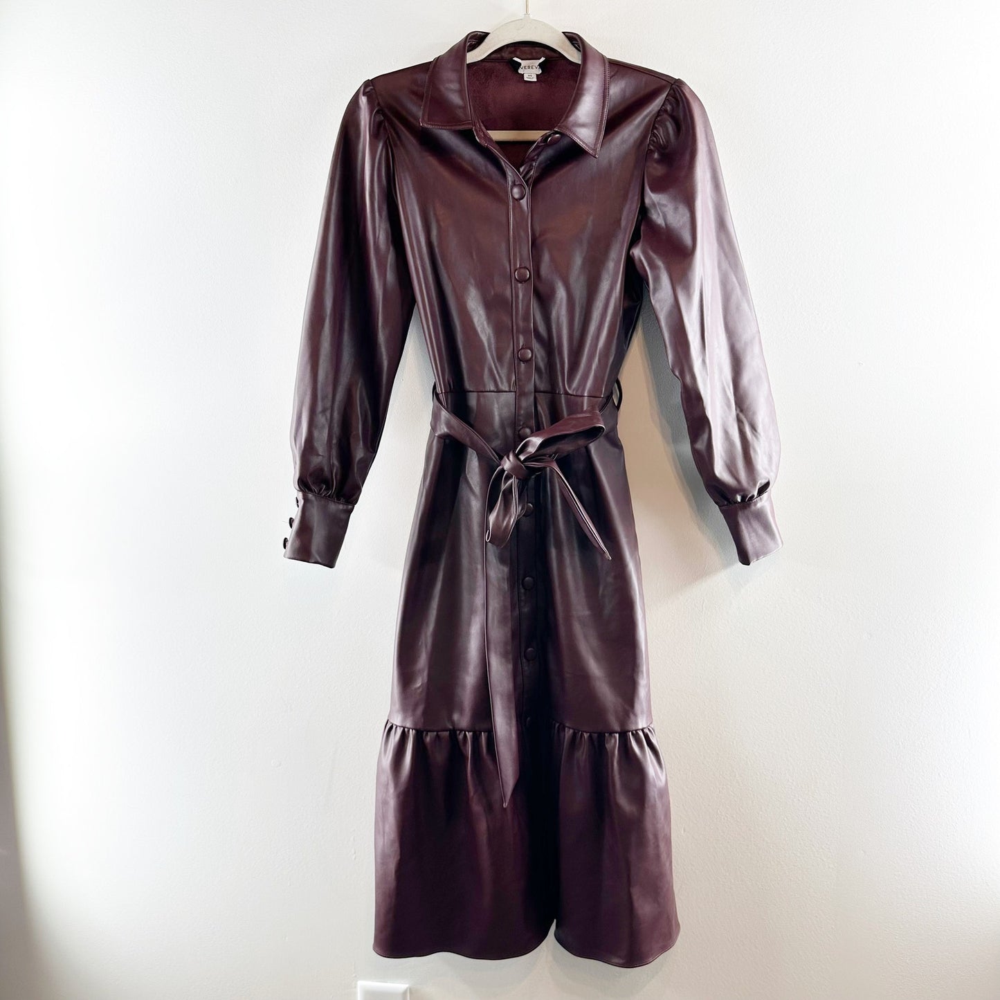 Evereve Isabella Long Sleeve Button Up Faux Leather Midi Dress Burgundy Brown XS