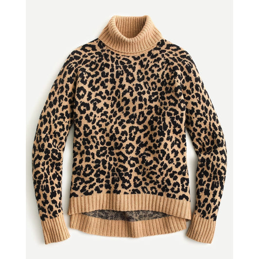 J. Crew Turtleneck Sweater Leopard Print in Supersoft Yarn Tan Black Small