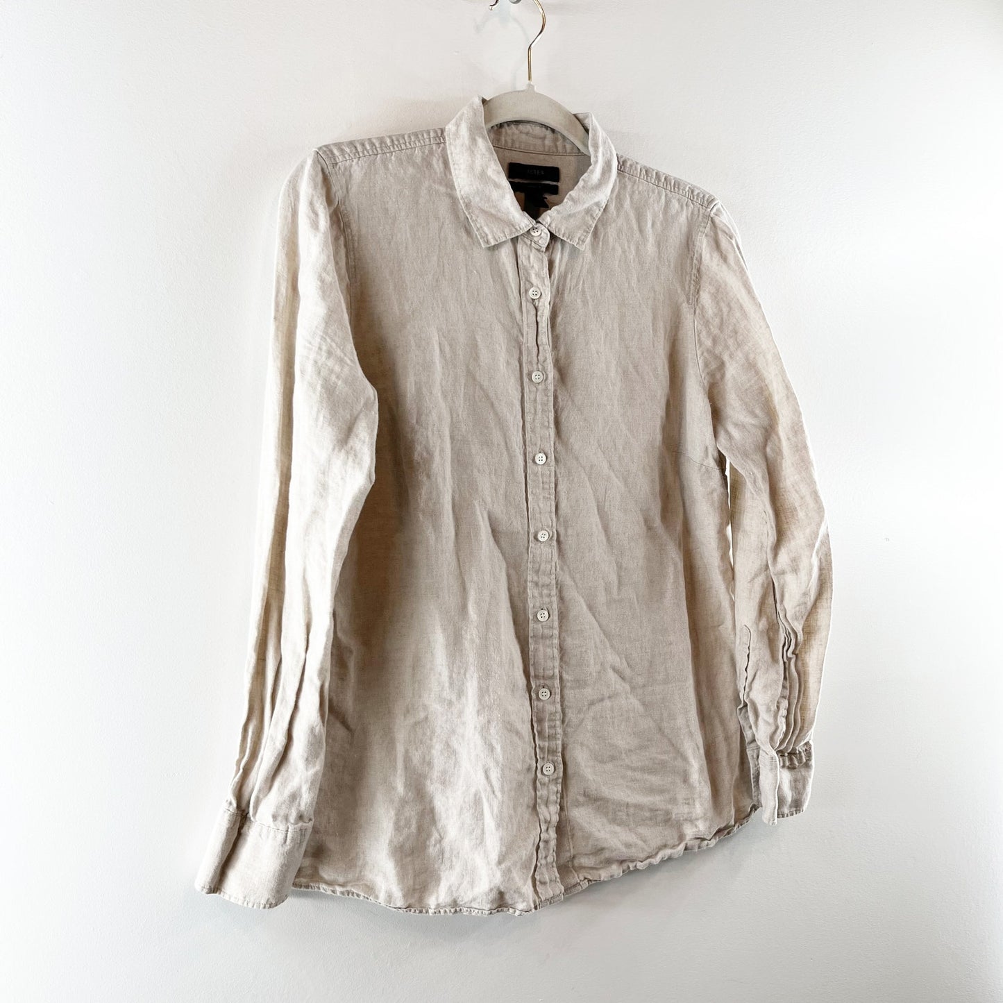 J. Crew Perfect 100% Linen Long Sleeve Collared Button-Up Shirt Beige 12 Petite