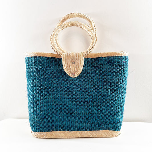 Round Double Handle Medium Straw Bucket Tote Handbag Teal Blue Beige