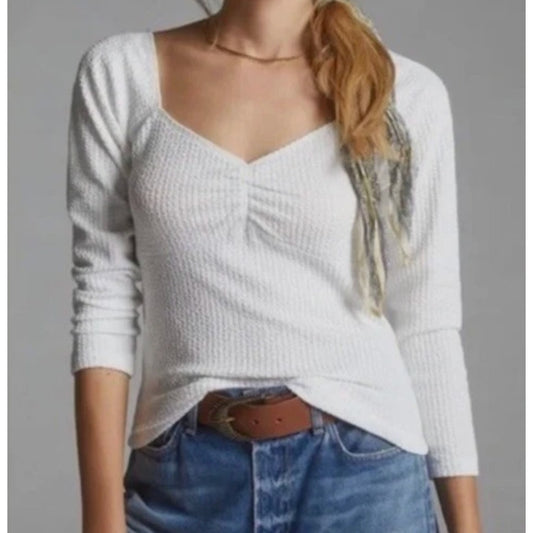 Maeve Anthropologie 3/4 Sleeve Fitted Textured Sweetheart Neck Top White Small