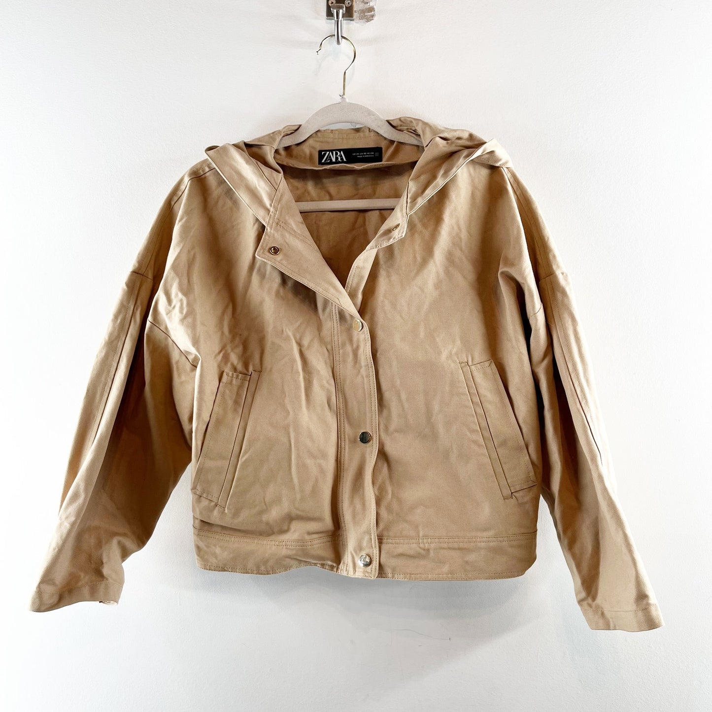 ZARA Hooded Cropped Trench Technical Jacket Tan Beige XS