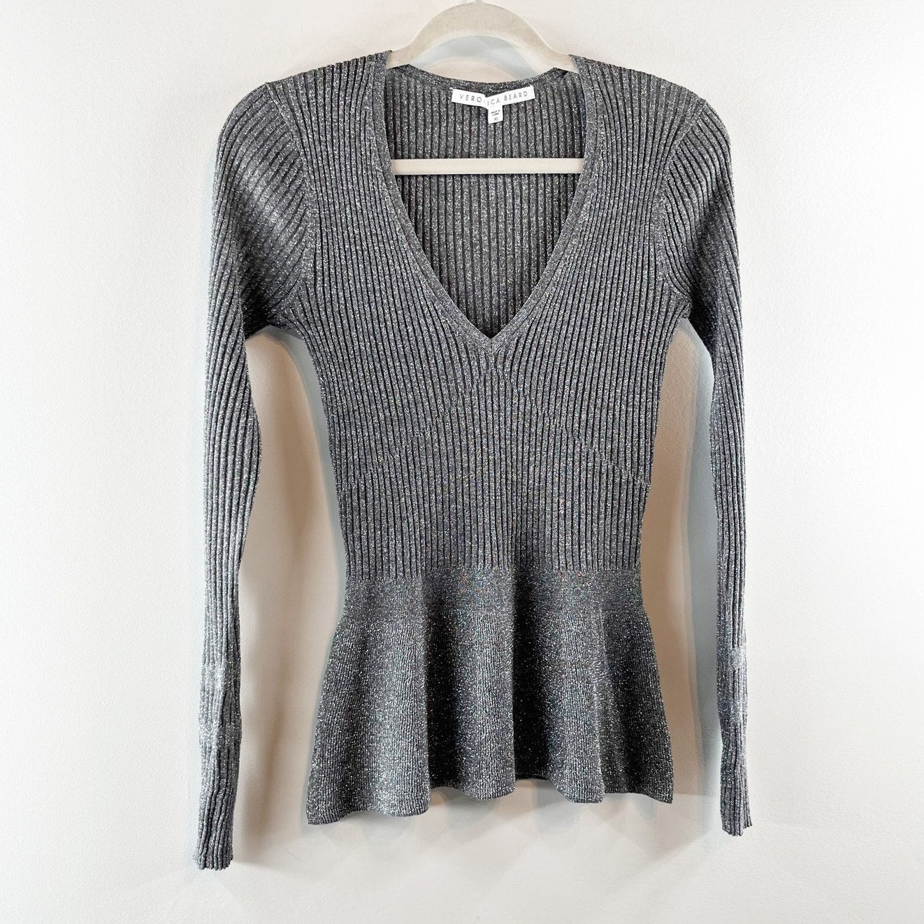 Veronica Beard Esmeralda Metallic V-Neck Ribbed Knit Peplum Sweater Gray XS