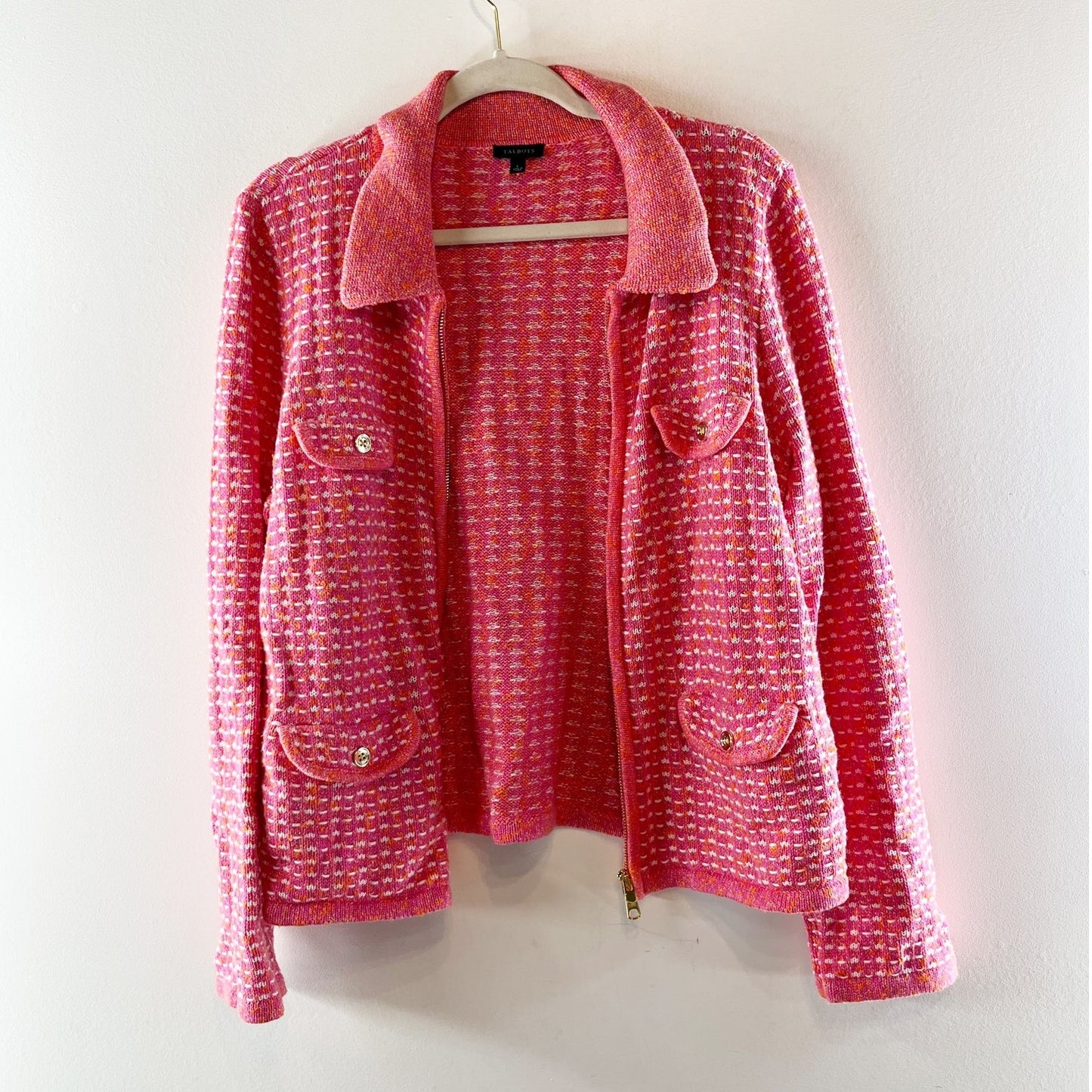 Talbots Dash Striped Long Sleeve Collared Zip Up Cardigan Sweater Pink Orange L