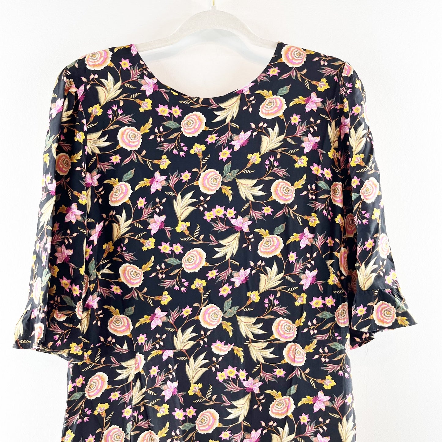 LOFT Floral Print Ruffle Sleeve Side Slit Viscose Shift Midi Dress Black 12