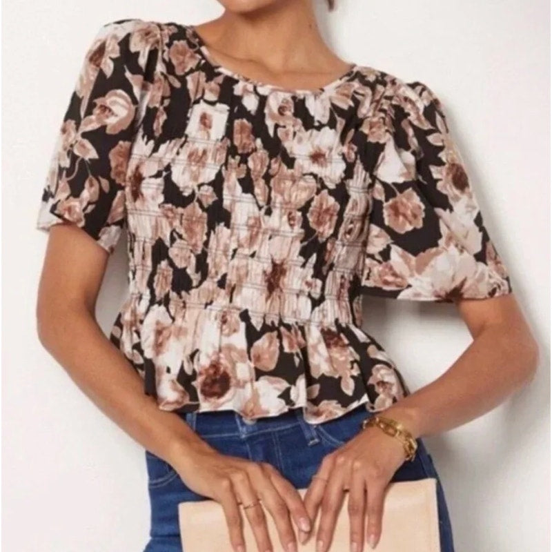 Rails Puff Short Sleeve Floral Rosie Smocked Top in Sepia Roses Black Small