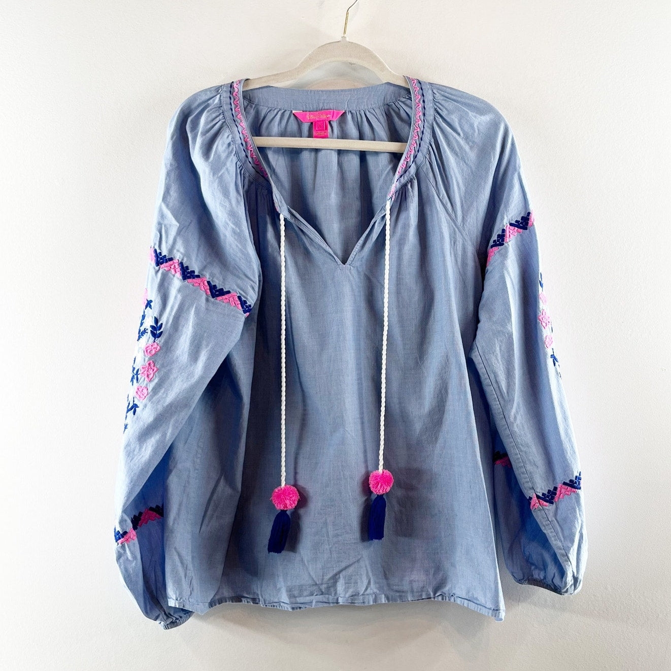 Lilly Pulitzer Keela Long Sleeve Embroidered Top Blouse Chambray Blue Large