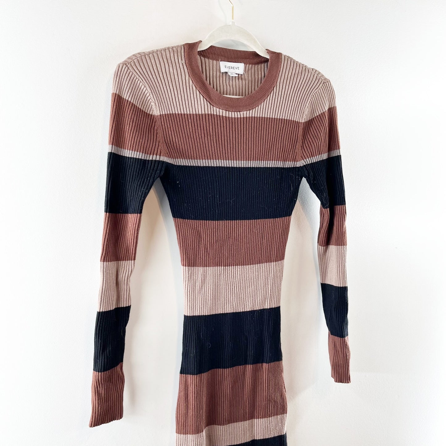Evereve Ribbed Long Sleeve Striped Sweater Midi Dress Brown XS