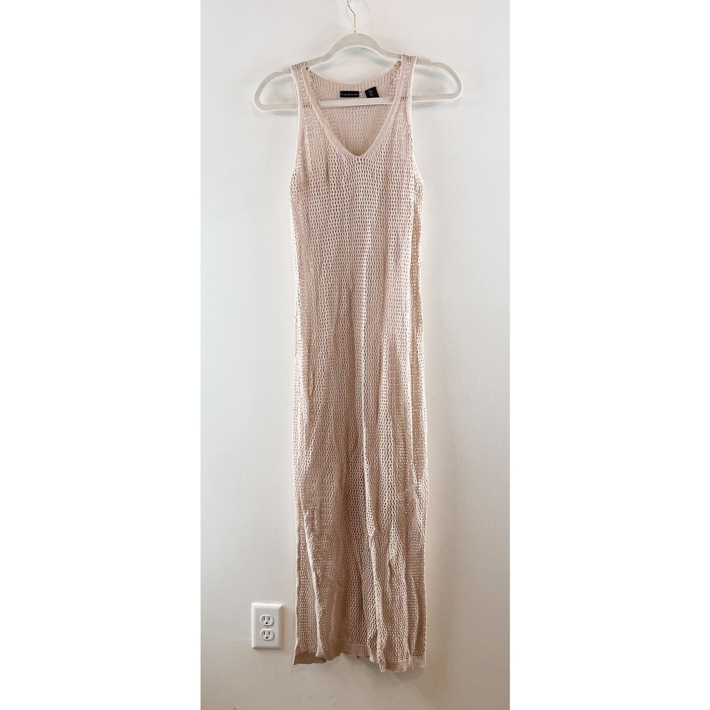 Tahari Sleeveless V Neck Maxi Crochet Knit Swim Cover Up Dress Tan Beige Small