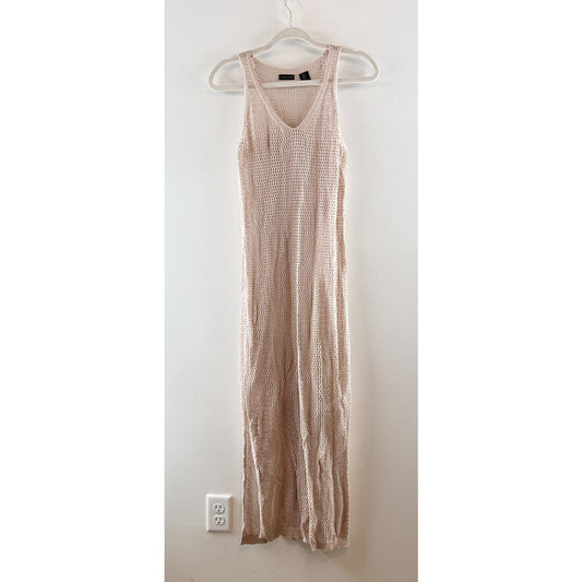 Tahari Sleeveless V Neck Maxi Crochet Knit Swim Cover Up Dress Tan Beige Small
