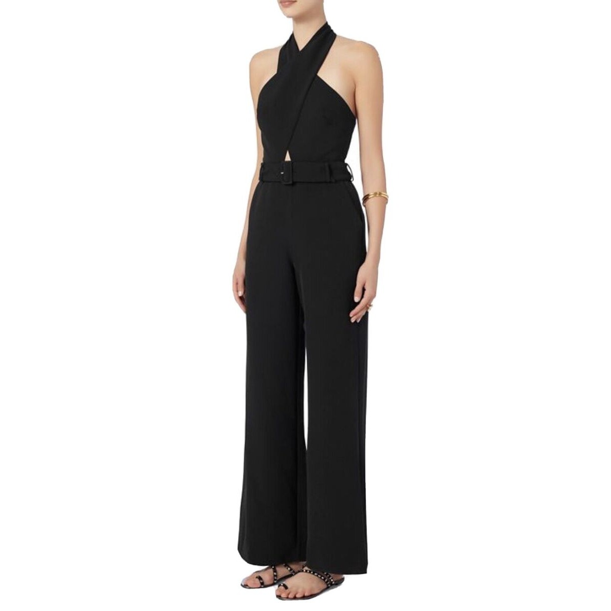 INTERMIX Motobi Halter Neck Keyhole Front Belted Wide Leg Jumpsuit Black Medium