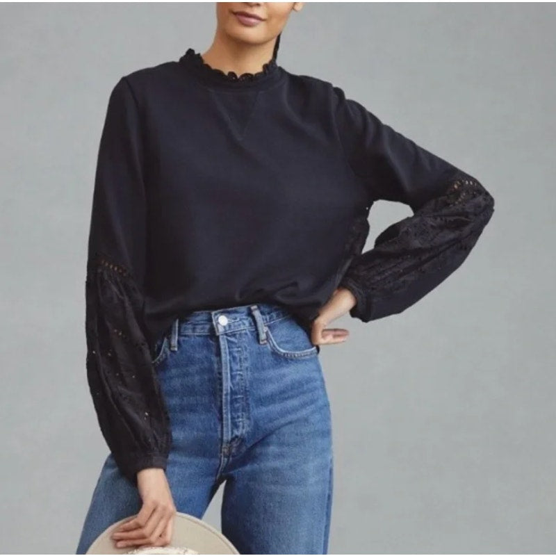 Forever that Girl Cotton Long Sleeve Lace Eyelet Lace Sweatshirt Black XL