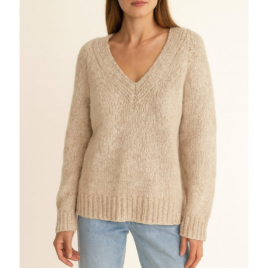 AMS Pure Collection Alpaca Wool Blend V-Neck Pullover Sweater Beige Small