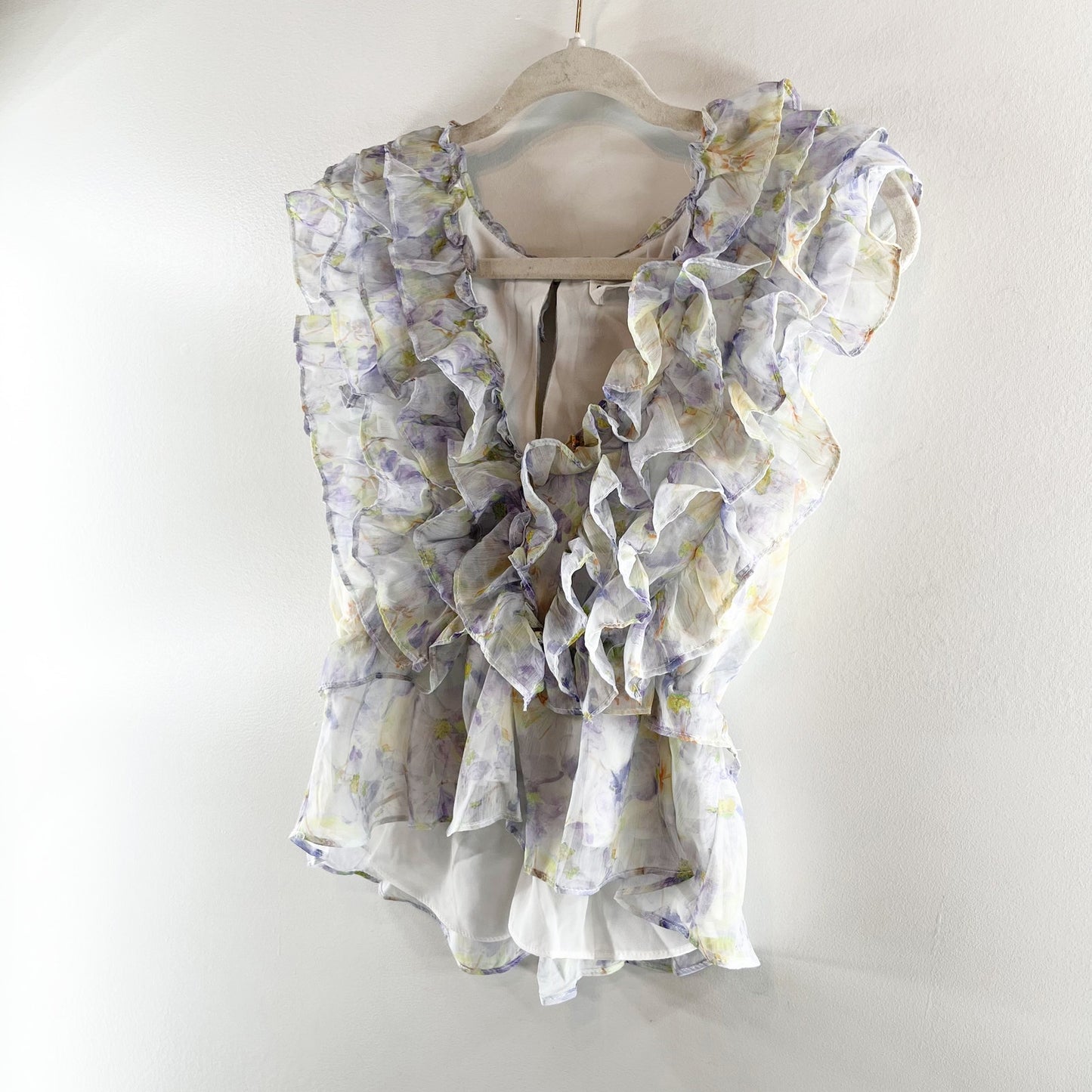 Storia Sleeveless Ruffle Front Blouse Top Purple Blue Large