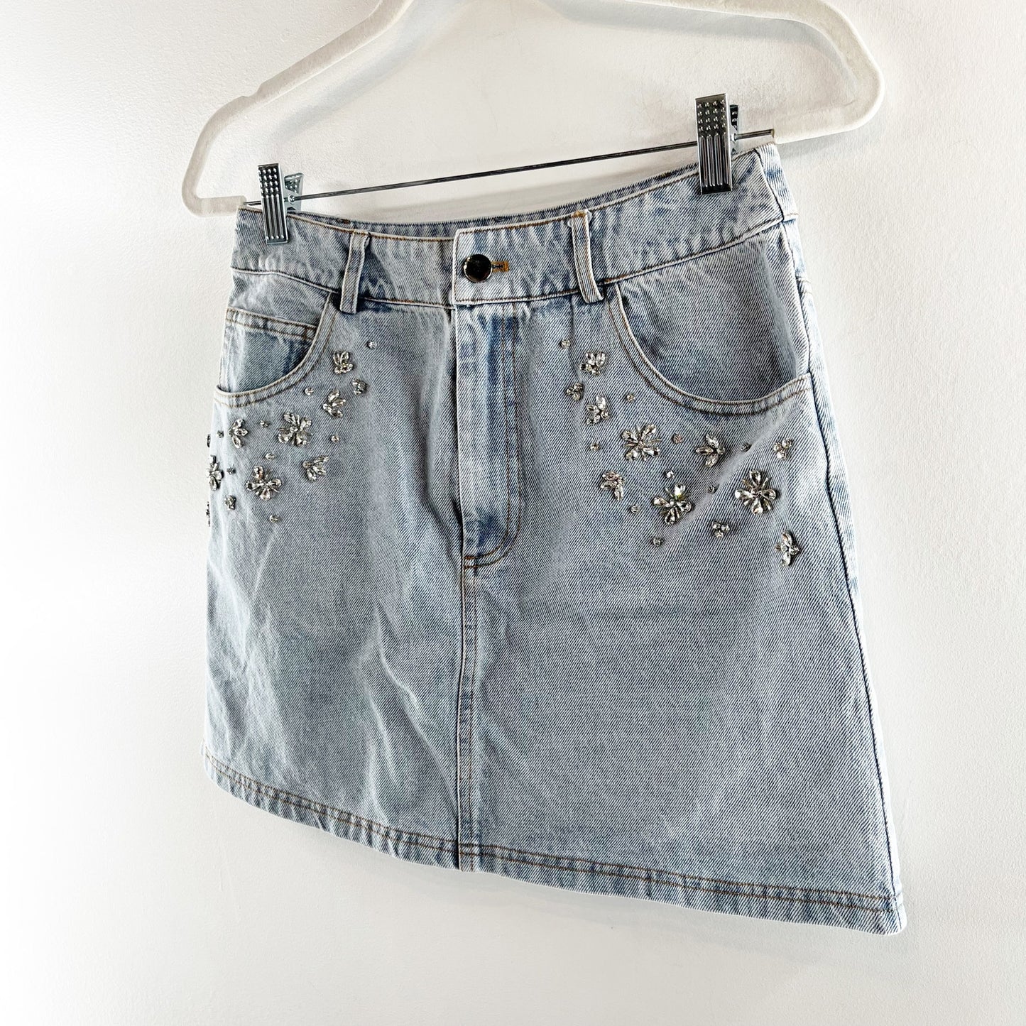 Vici Midnight Muse Rhinestone Studded Denim Mini Skirt Blue Small