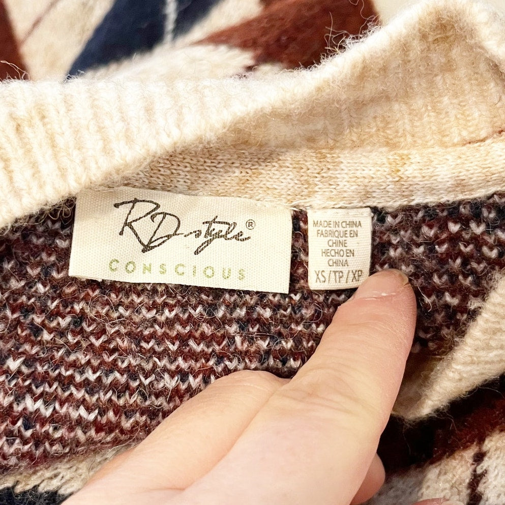 RD Style Evereve V Neck Argyle Cardigan Sweater Tan Beige XS