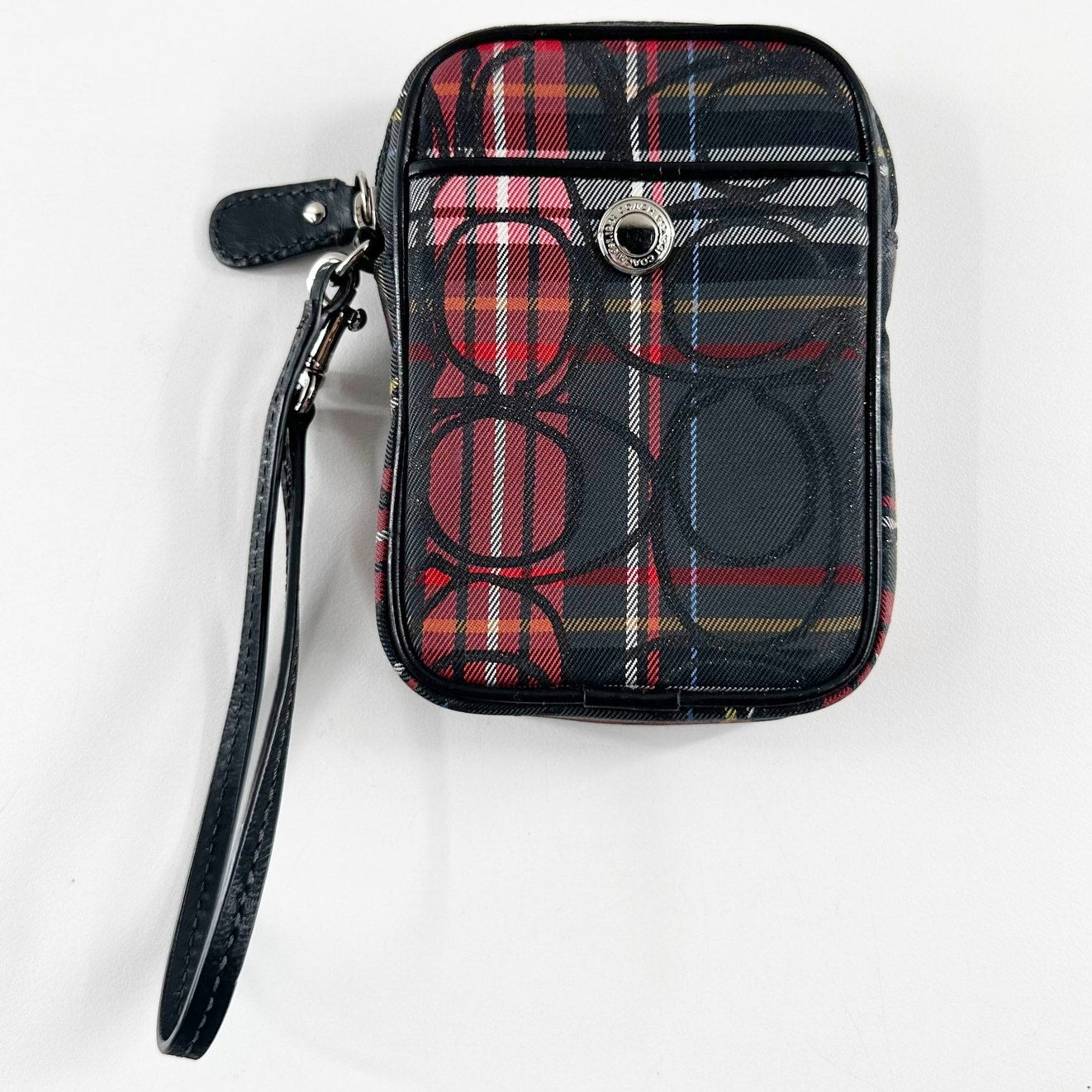 Coach Poppy Tartan Plaid Small Coin Purse Wristlet Wallet Glam Red and Black