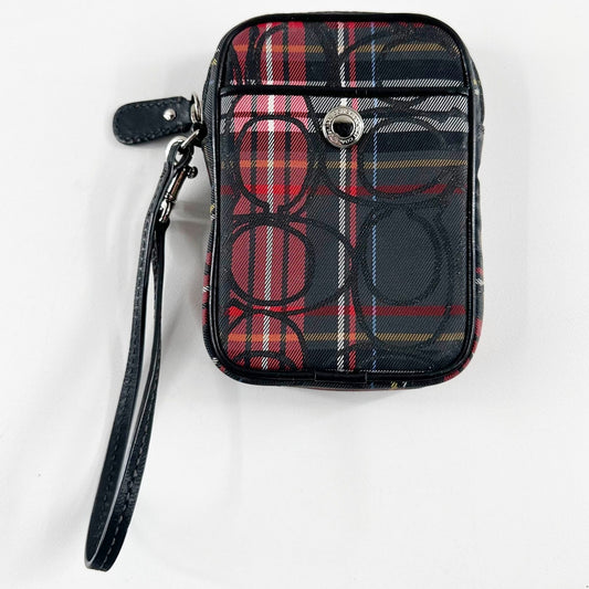 Coach Poppy Tartan Plaid Small Coin Purse Wristlet Wallet Glam Red and Black