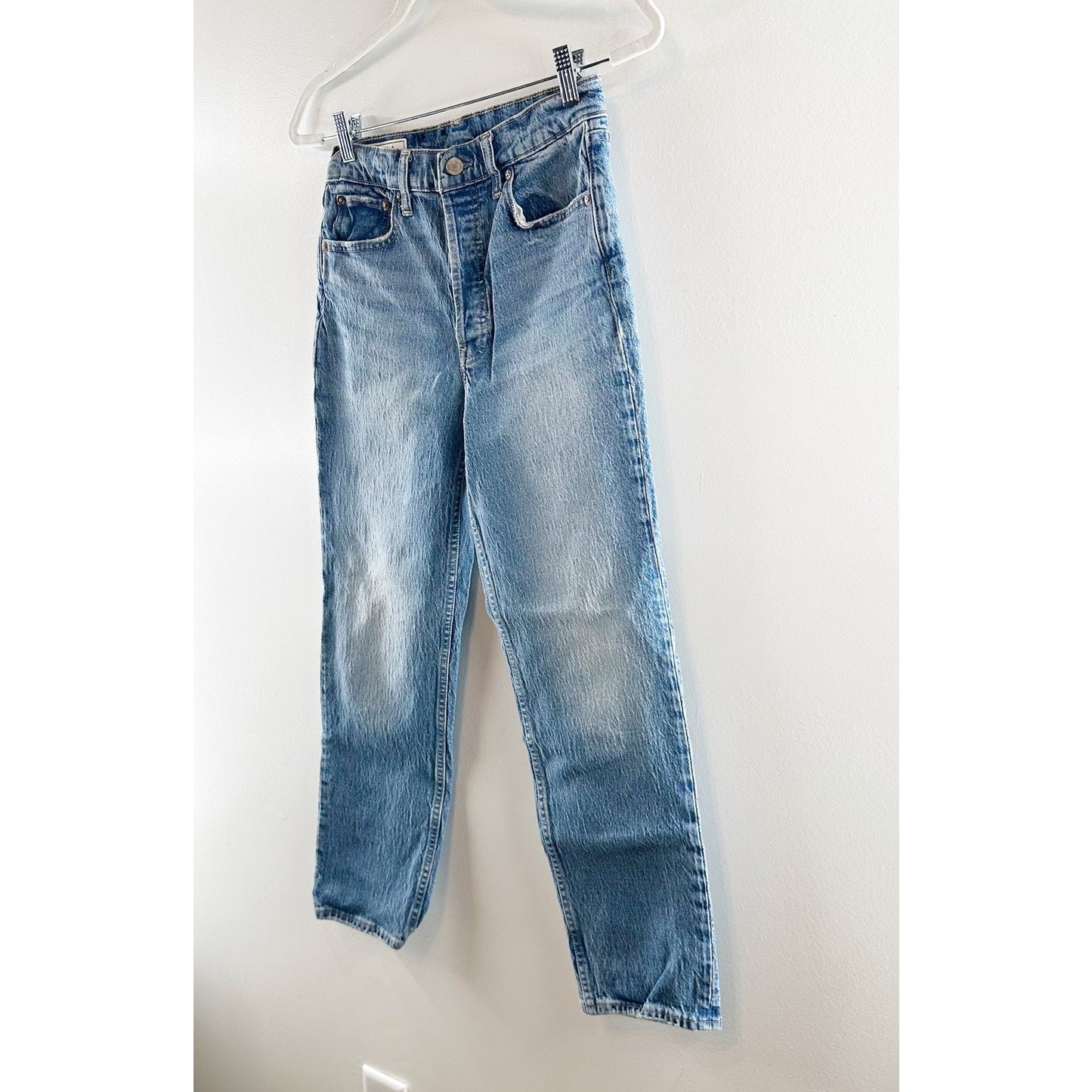 Gap High Rise Button Fly Denim Cheeky Straight Jeans Washwell Medium Indigo 4 27