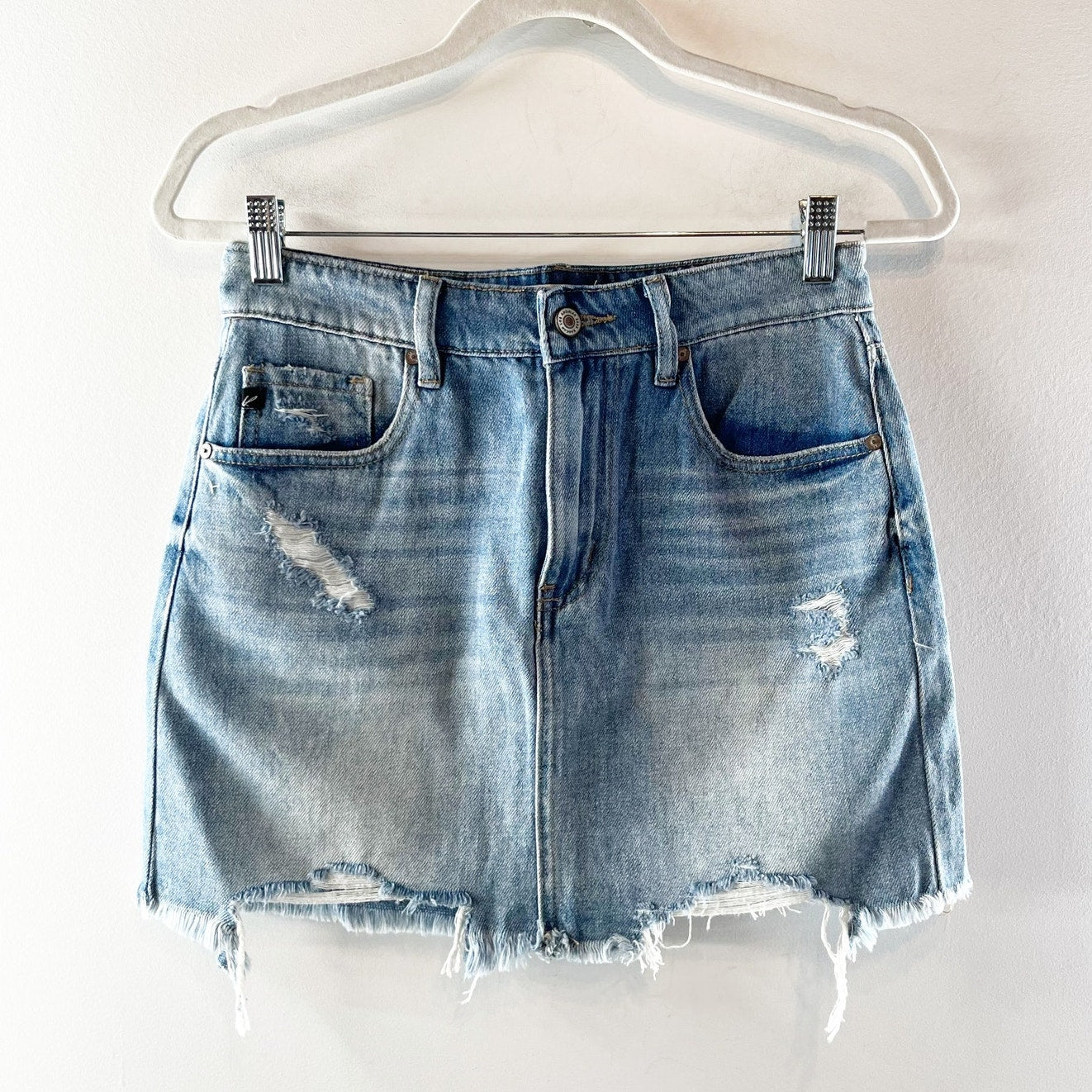 KanCan High Waisted Frayed Hem Distressed Denim A-Line Mini Skirt Blue Large