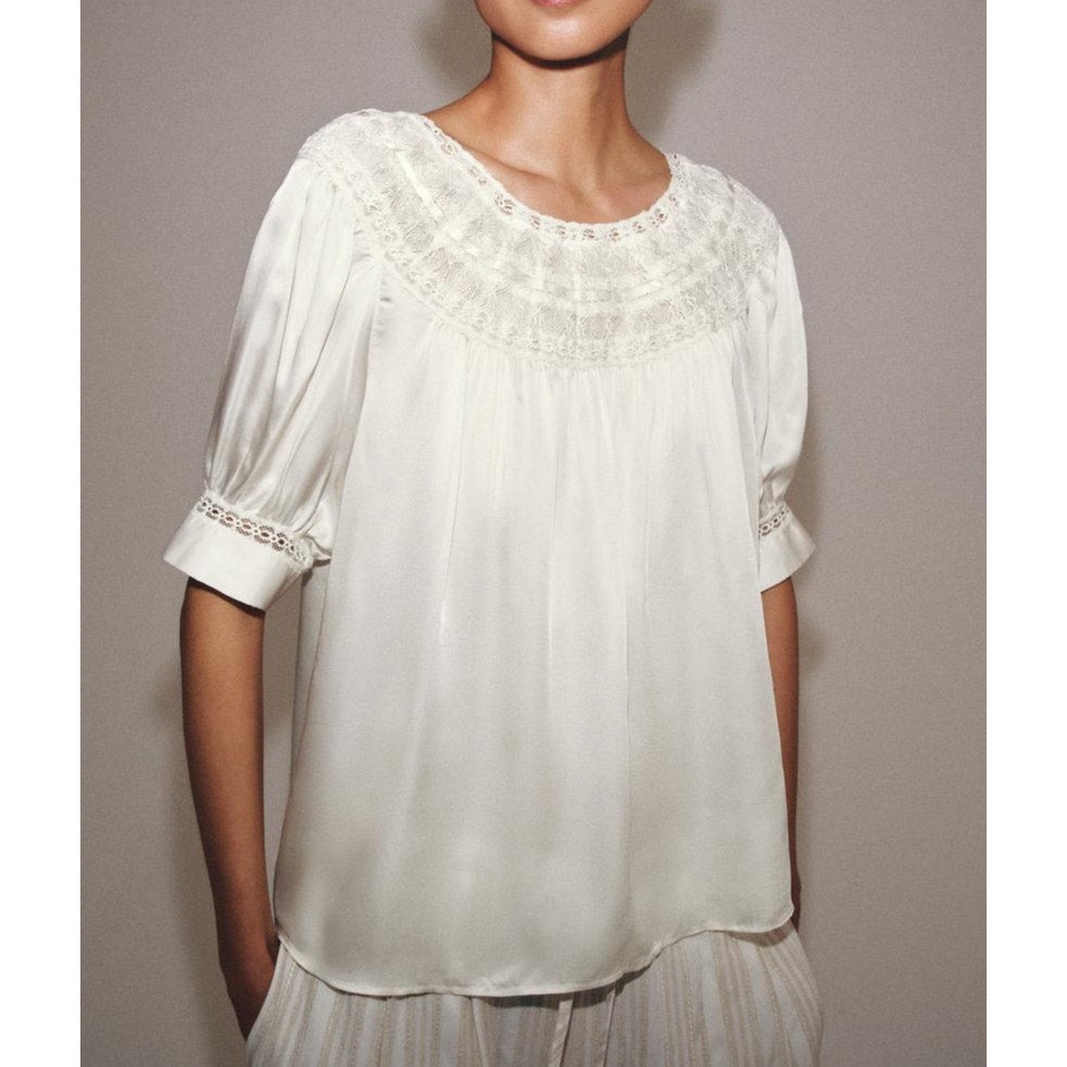 Zara Collection Puff Sleeve Round Neck Romantic Lace Blouse Top Cream Ivory XS