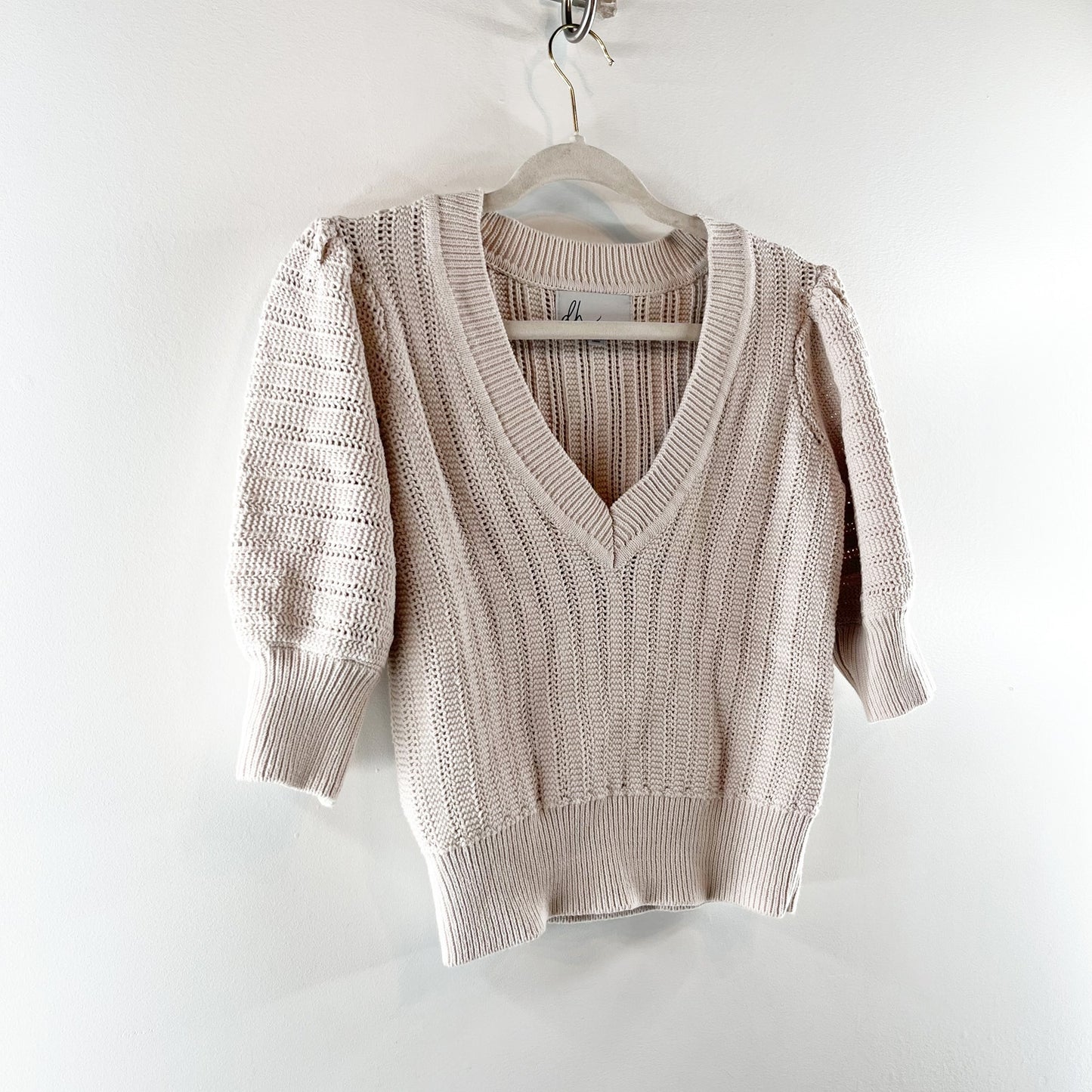 Design History Willow Cotton Puff Sleeve V-Neck Knit Pullover Sweater Cream S