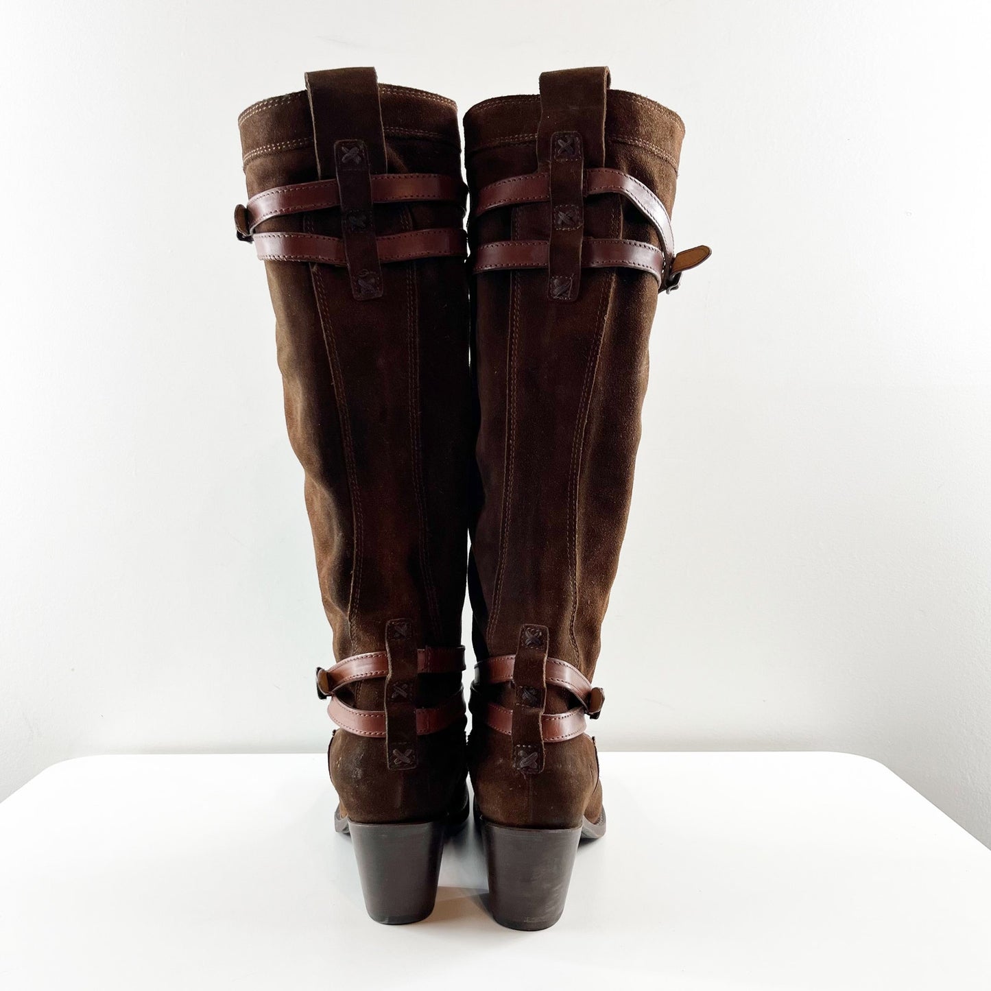 Frye Knee High Strappy Suede Leather Tall Knee High Boots Brown 10