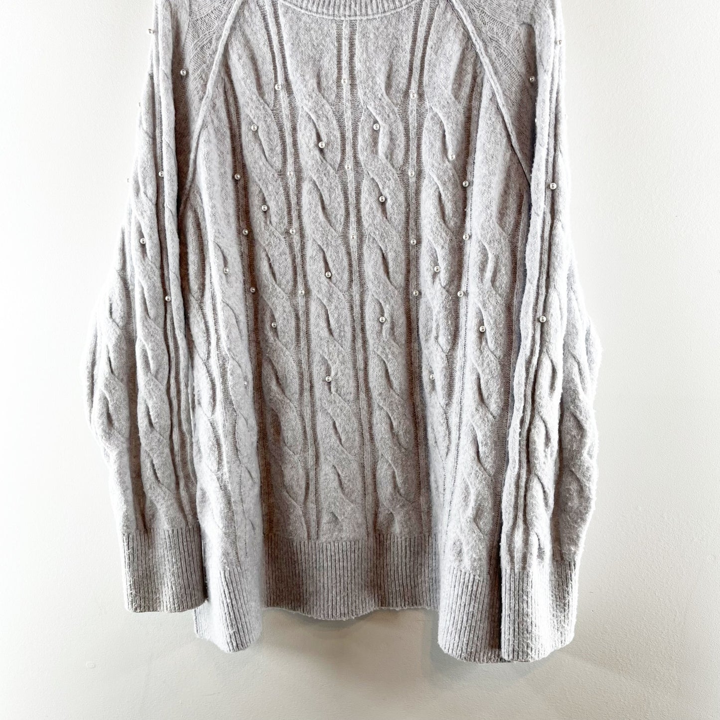 Aerie unReal Crewneck Long Sleeve Cable Pearl Detail Sweater Gray Large