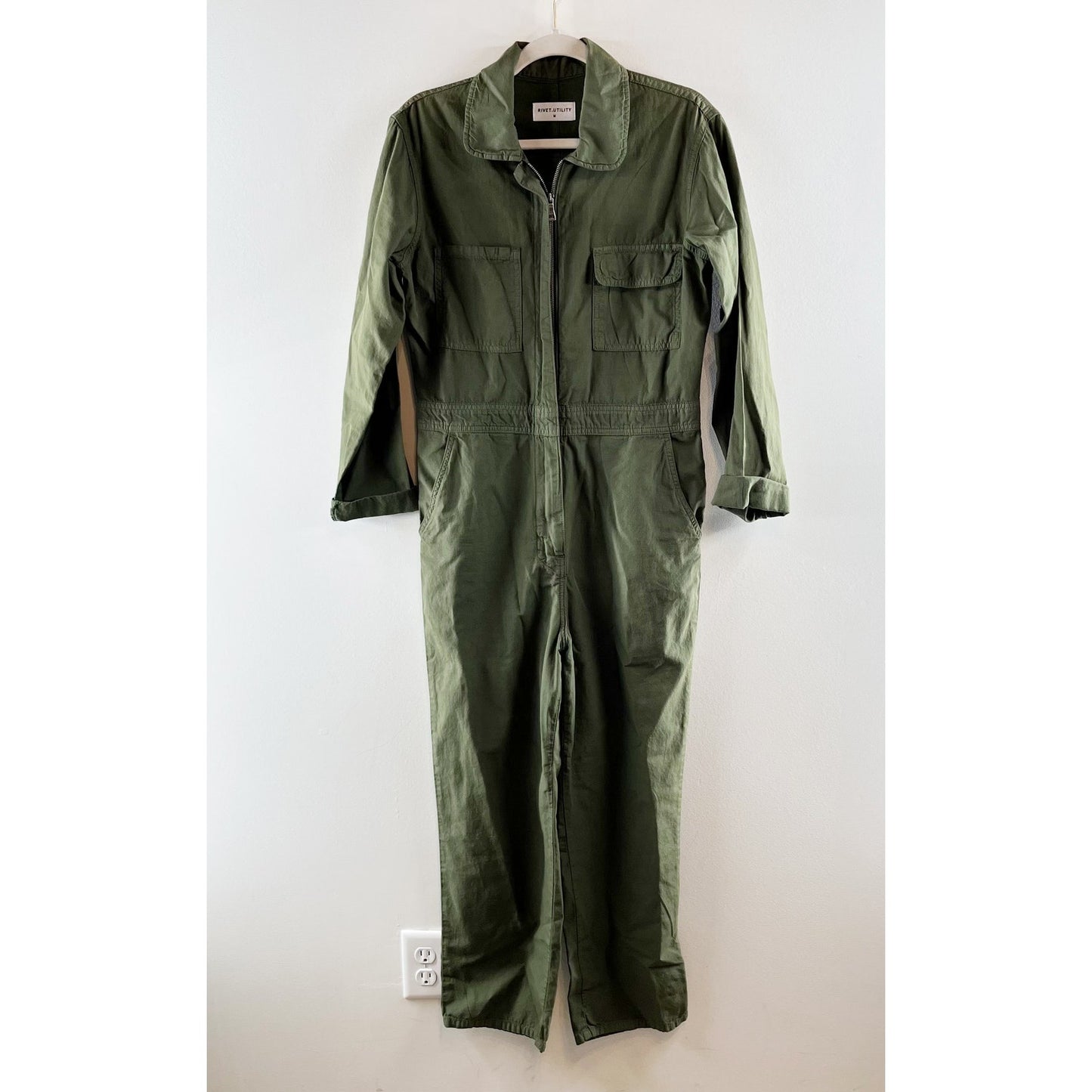 Rivet Utility Looker Long Sleeve Straight Leg Cotton Jumpsuit Green Medium