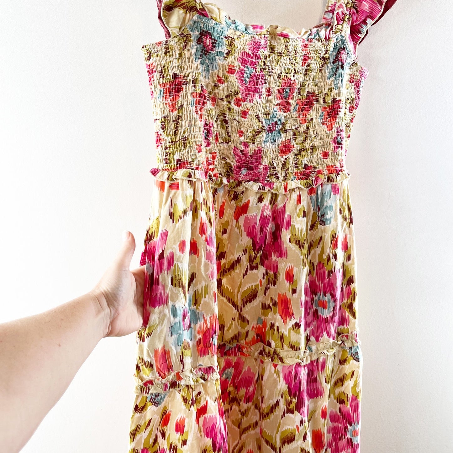 House of Harlow 1960 Zoey Floral Flutter Sleeve Smocked Maxi Dress Pink Multi L