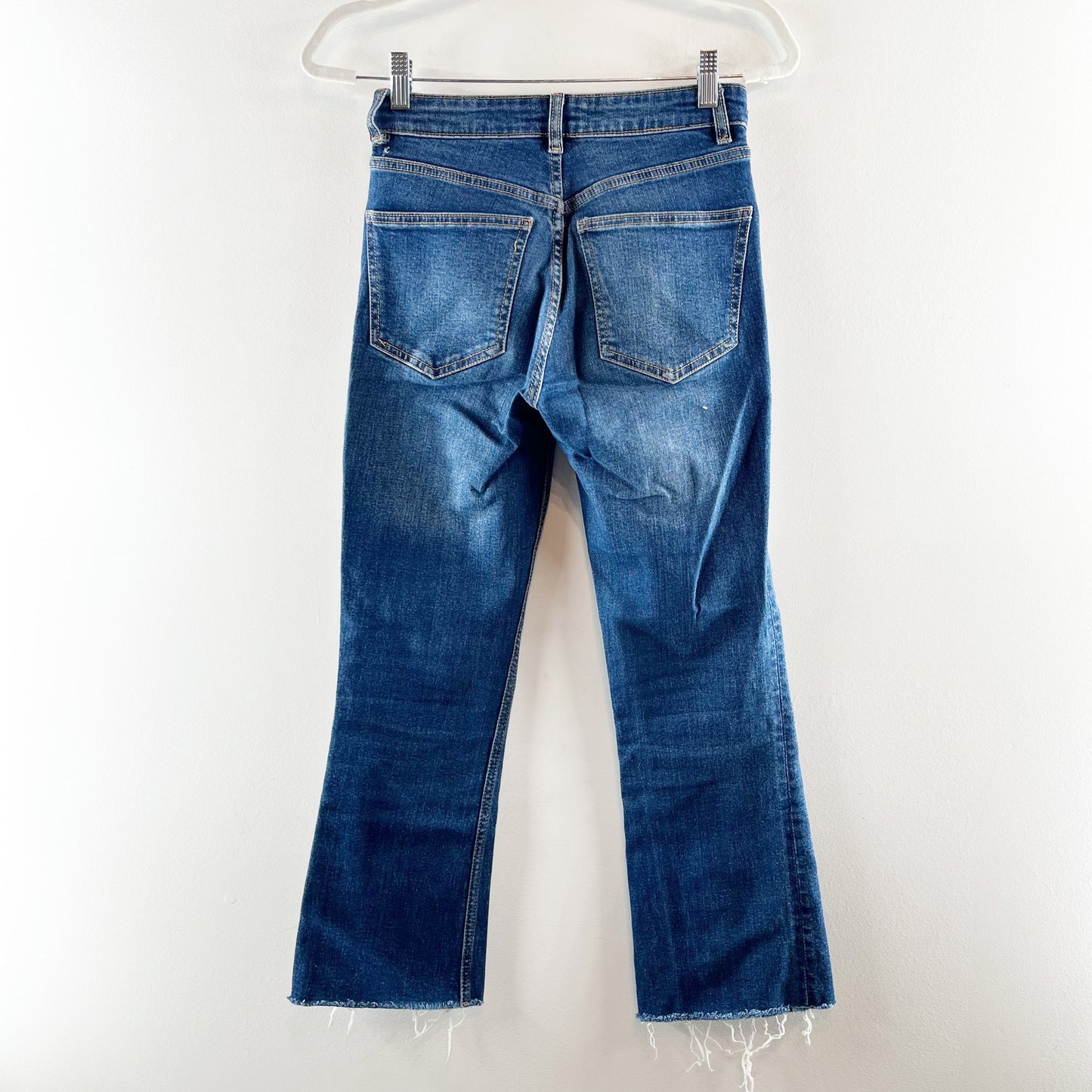 ZARA High Rise Cropped Raw Frayed Hem Flare Jeans Blue 4