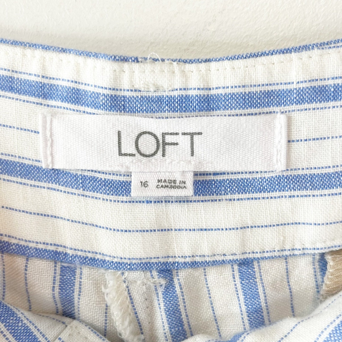 LOFT Peyton Striped Linen High Waisted Wide-Leg Trouser Pants White Blue 16