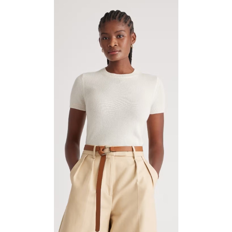Quince Mongolian Cashmere Short Sleeve Crew Neck Sweater Tee Cream Small
