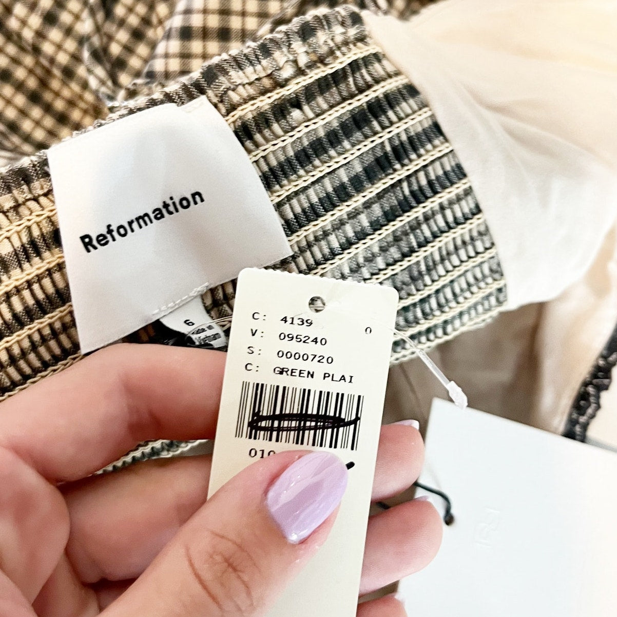 Reformation Genevieve Sleeveless Smocked Strappy Peplum Top Green Plaid 6