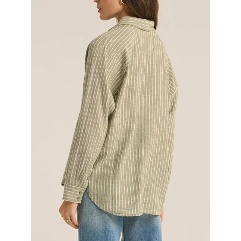 Z Supply The Perfect Linen Stripe Button-Up Shirt Top Meadow Green Small
