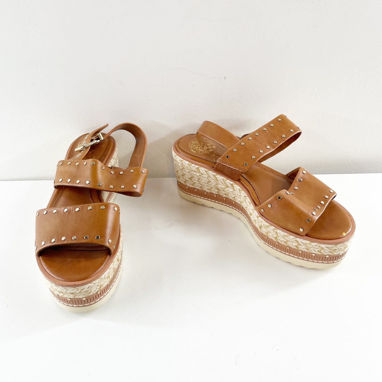 Vince Camuto Marsa Platform Studded Wedge Sandals Leather Brown 7.5