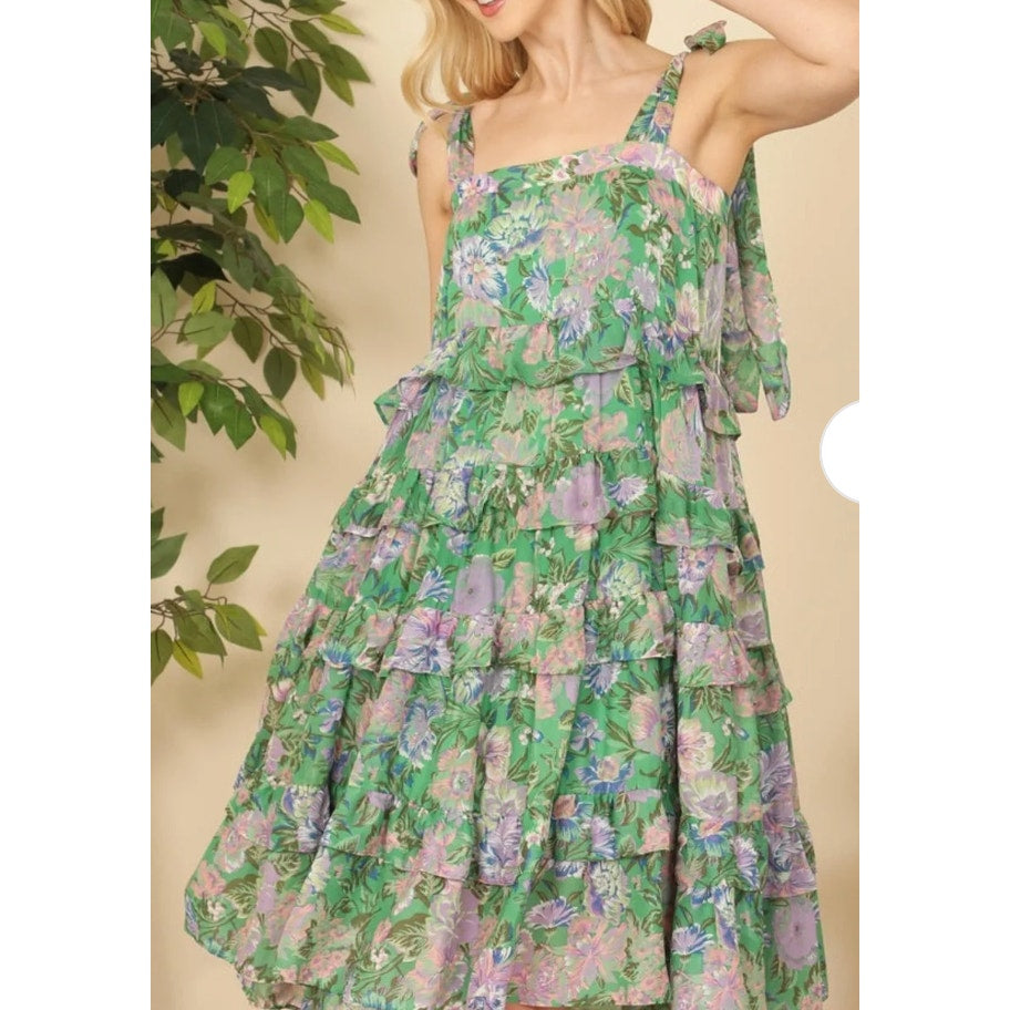 Olivaceous Floral Print Sleeveless Tie Shoulder Tiered Midi Dress Green Small