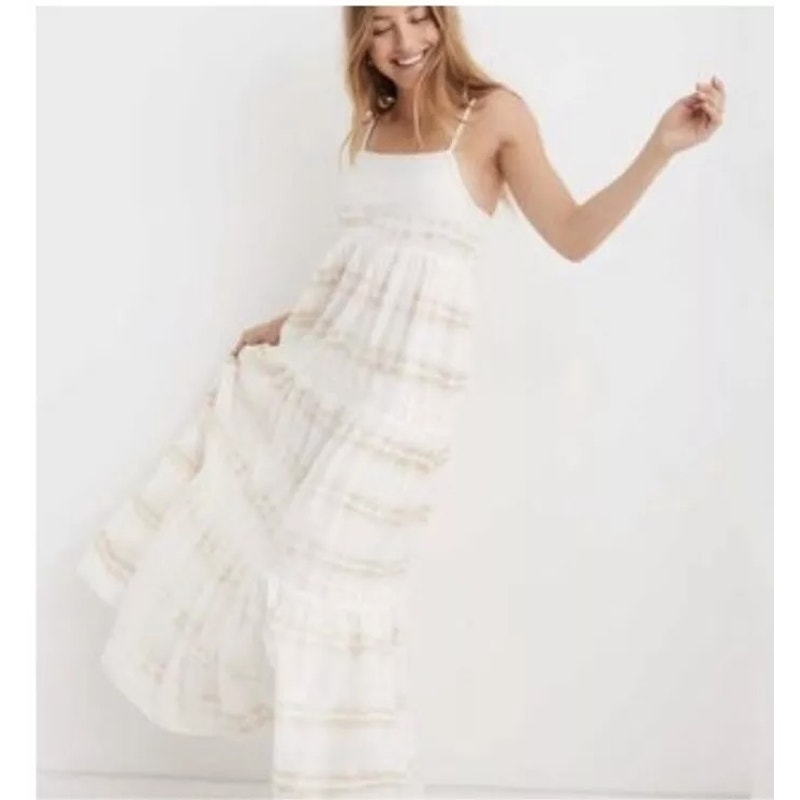 Aerie Cotton Tie Dye Tiered Maxi Sundress Dress Cream Tan XS NWT