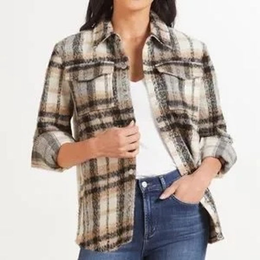 BB Dakota By Steve Madden Plaid Shacket Work Hard Play Hard Cream Brown XS