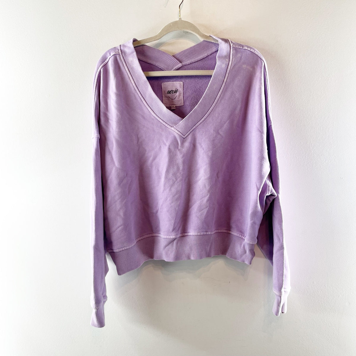 Aerie House Party Long Sleeve V Neck Sweatshirt Purple Medium