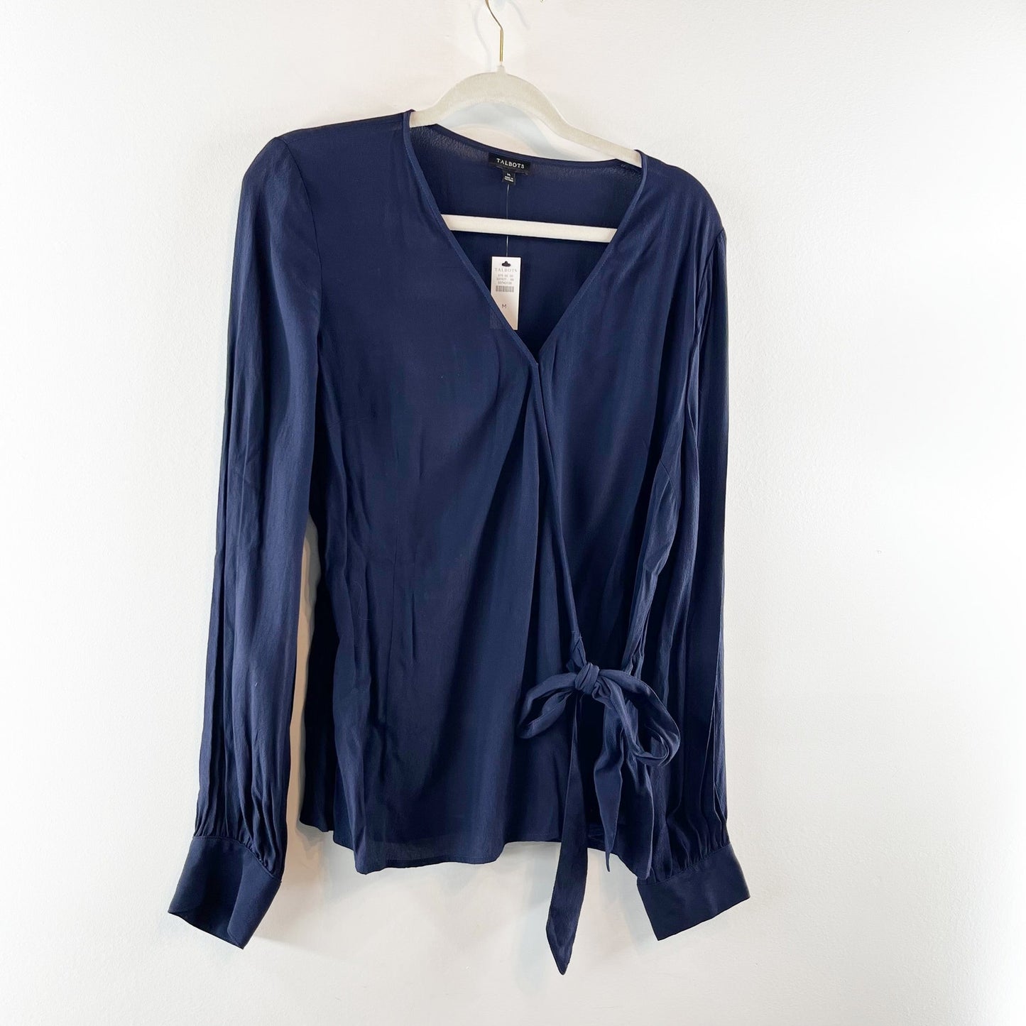 Talbots Long Sleeve Surplice V-Neck Side Tie Faux Wrap Blouse Navy Blue Medium