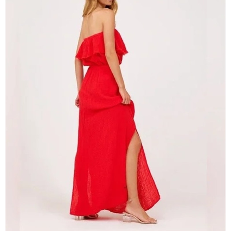 Michael Stars 100% Cotton Double Gauze Ruffle Tara Tube Maxi Dress Salsa Red XS