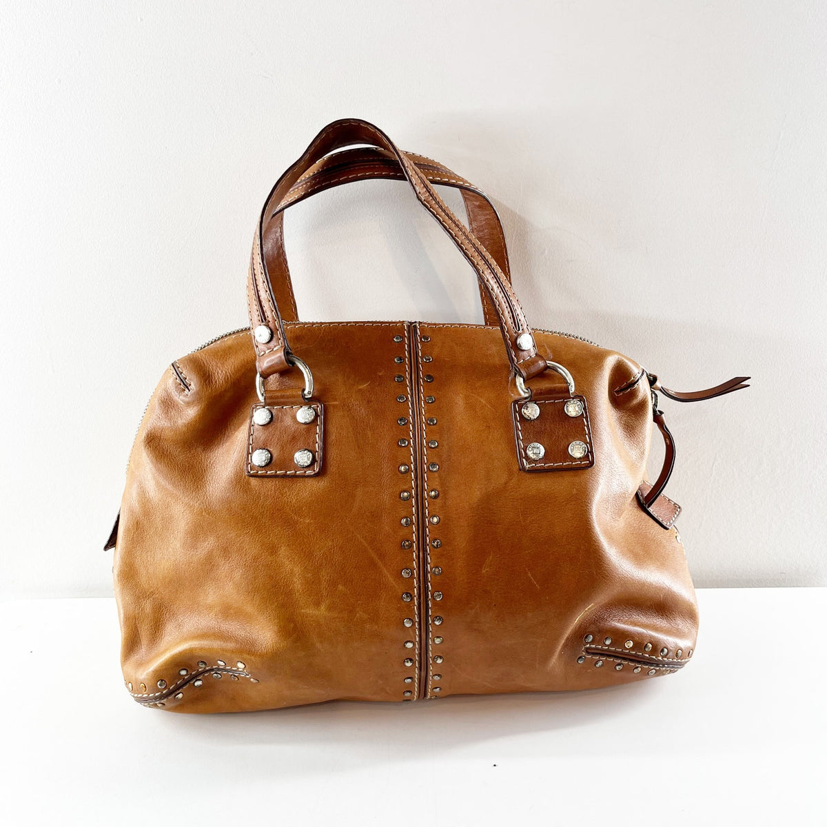 Michael Kors Studded Leather Shoulder Tote Bag Purse Brown