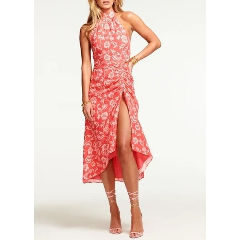 Ramy Brook Halter Floral Cutout Slit Midi Dress Pink 4