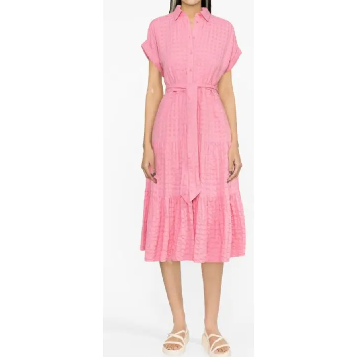 Ralph Lauren Vilma Short Cuffed Sleeve Button Up Textured Midi Shirt Dress Pink
